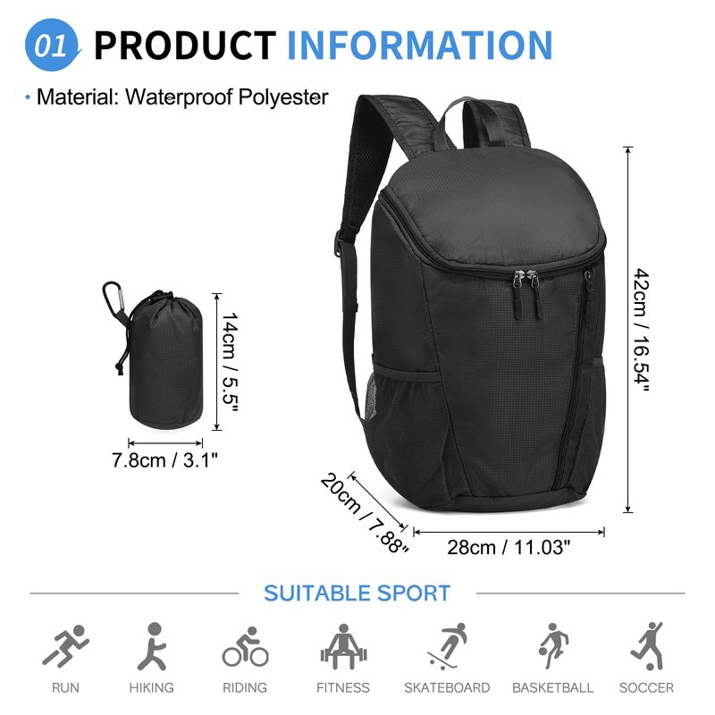 SUIKIHUM Hiking Backpack, 20L Packable Daypack for Men Women, Nylon with Adjustable Straps, Lightweight Waterproof Outdoor Camping Travel, Black