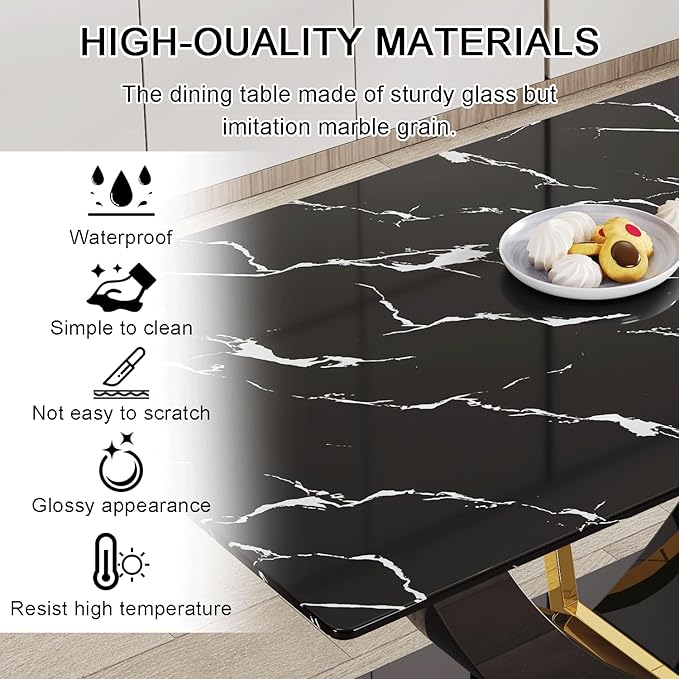 71" Dining Table Set for 6, Black Faux Marble Dining Room Table Set for 6, Large Rectangular Kitchen Table Set and PU Leather Chairs,Tempered Glass Glossy Table with Golden Leg