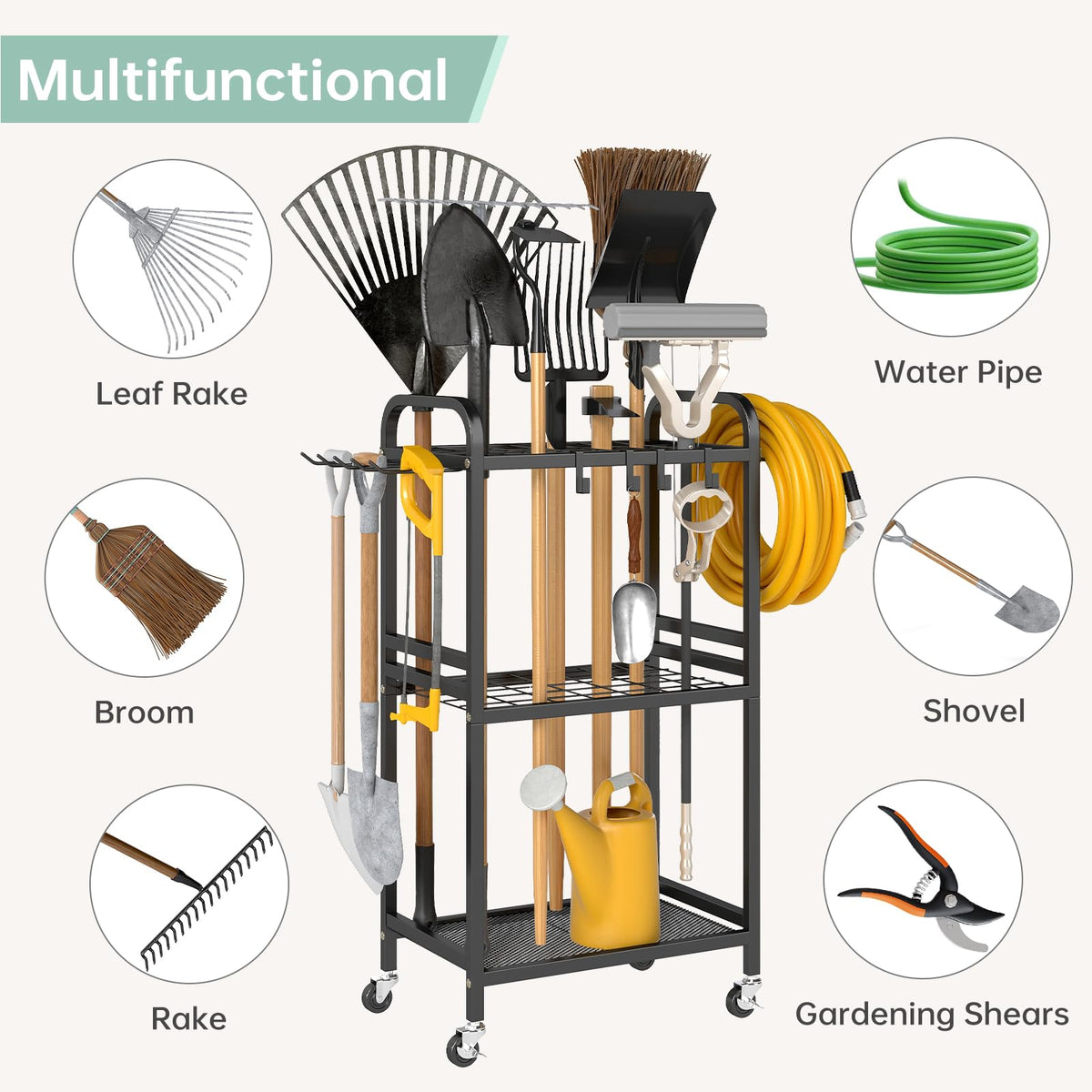 Hadulcet Garden Tool Organizer, Metal Garage Organization and Storage with Lockable Wheels, Garden Tool Rack with Storage Hooks, Heavy Duty Yard Tool Organizer for Garage, Shed, Lawn, Outdoor, Black