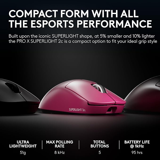 Logitech G PRO X Superlight 2c Wireless Gaming Mouse, 51 g pro-Grade Compact Mouse with 5 programmable Buttons, USB-C Charging, 44K DPI Sensor, up to 8 kHz Polling for PC/Mac - Magenta