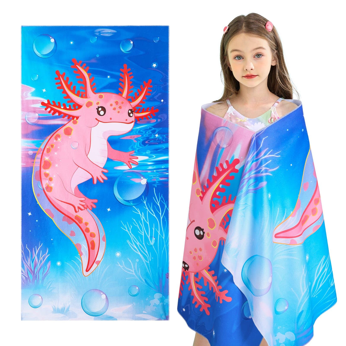 WERNNSAI Kids Beach Towel for Girls, Axolotl Quick Dry Swim Towel