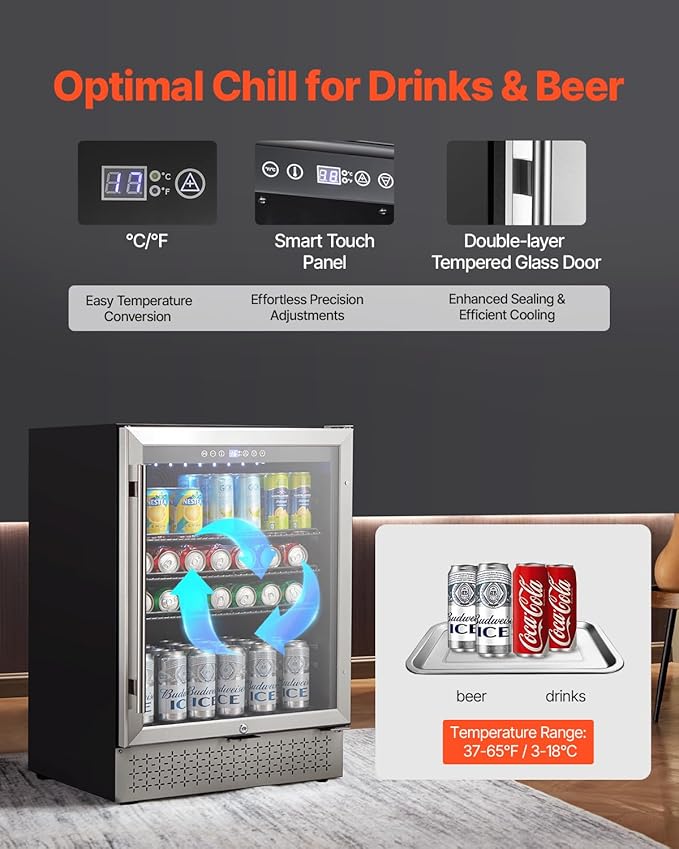 VEVOR Beverage Refrigerator Cooler, 154 Can Beverage Fridge, Mini Fridge with Glass Door, Adjustable Shelves, Digital Temperature Control, Built-in & Freestanding Soda Beer Fridge for Home Office Bar