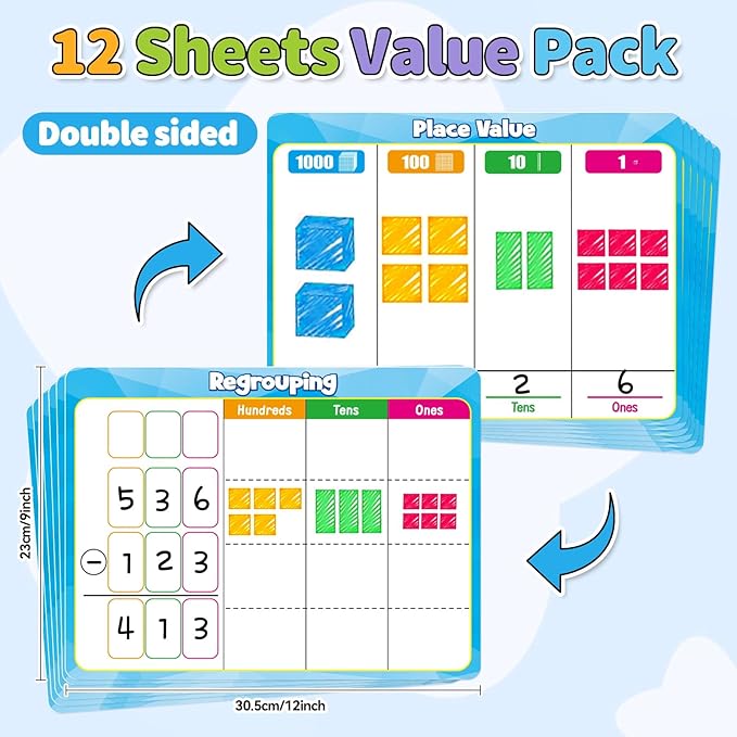 12 Pack Place Value Dry Erase Flash Cards Chart, 9" x 12" Base Ten Addition and Subtraction Math Manipulatives 1st 2nd 3rd Grade Classroom Must Haves Teacher Homeschool Supplies Essential