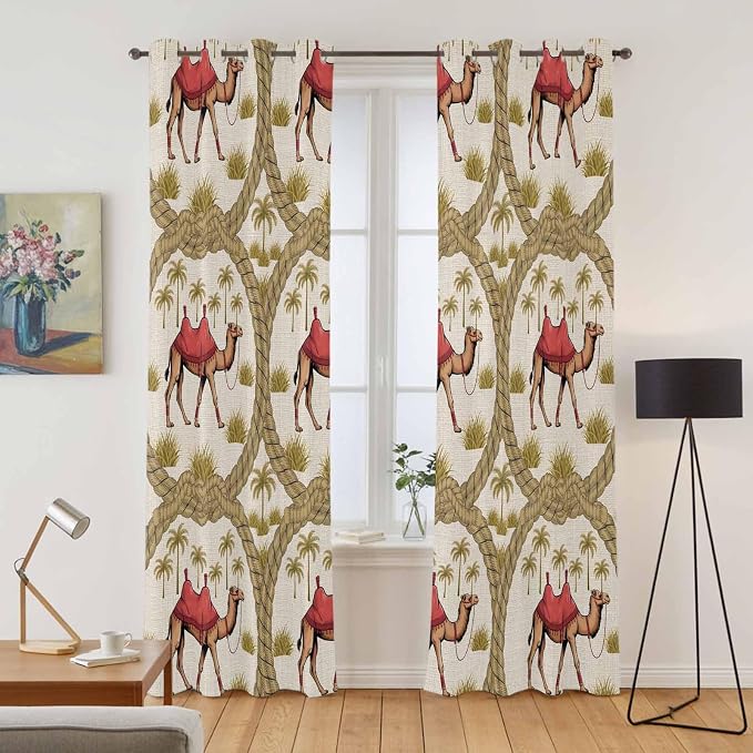 2 Panel Kitchen Cafe Curtains, Camels Palm Trees Sunlight Filtering Nature Air