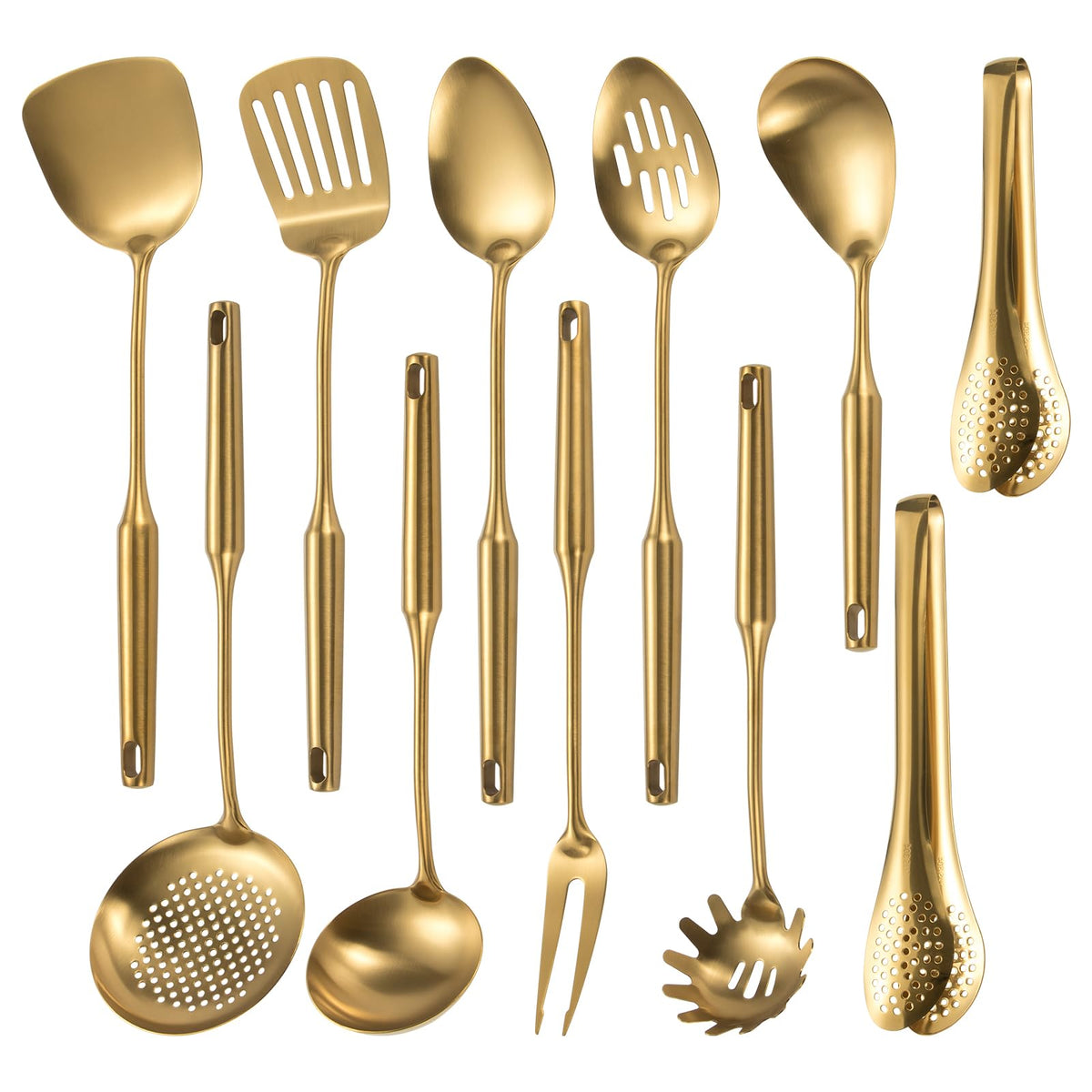 304 Stainlss Steel Matte Kitchen Utensils Set, 11 Pcs Long Metal Cooking Utensil Gadgets Tools Set with Spatula, Ladle, Spoon, Ladle, Skimmer, Tunner, Pasta Server, Tongs(Black, Dishwasher Safe)