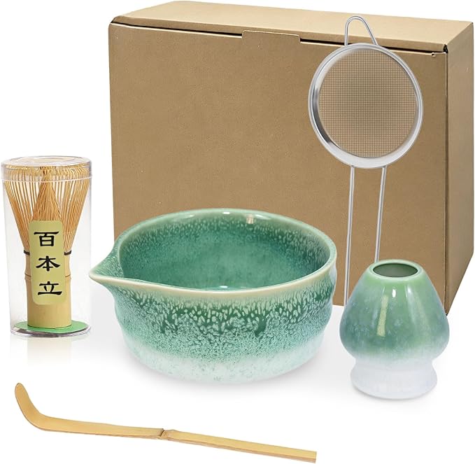 ZaH Matcha Whisk Set - Kit of 5pcs - Matcha Whisk and Bowl, Ceramics Whisk Holder, Bamboo Tea Scoop, Sifter (Ombre Green)