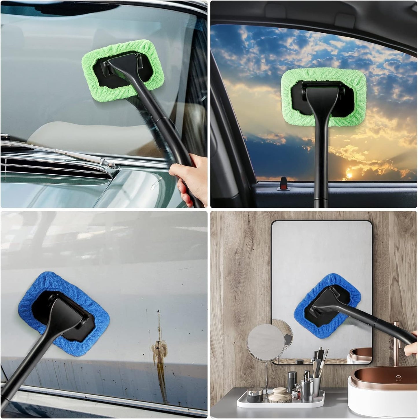 Car Windshield Cleaner Kit with Spray Bottle – Detachable Handle Auto Glass Cleaning Tool with 5 Reusable Microfiber Pads and 30ml Refillable Sprayer – Portable Interior Car Window & Mirror Washer