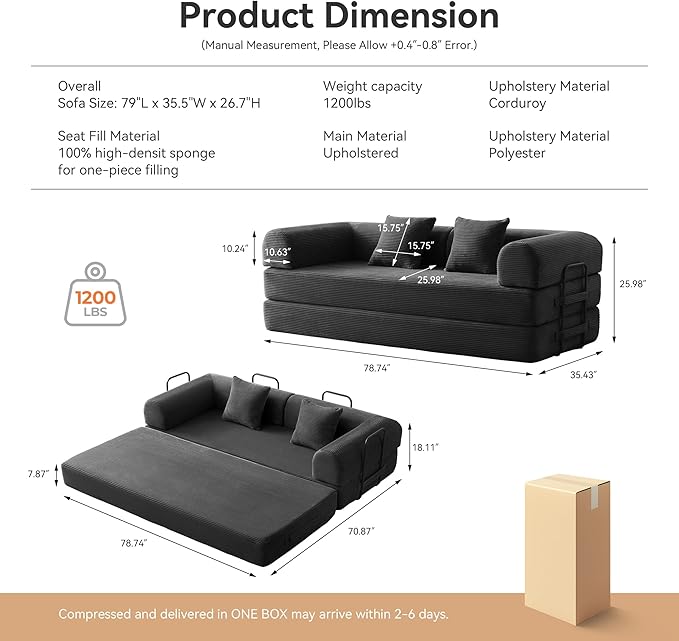Convertible Sleeper Sofa Bed with Cylindrical Pillow, Comfy Foldable Sofa Bed Compressed Sofa in Box, Floor Sofa Lounge Couch for Living Room Bedroom Lounge Studio, Tool-Free Assembly (Black)