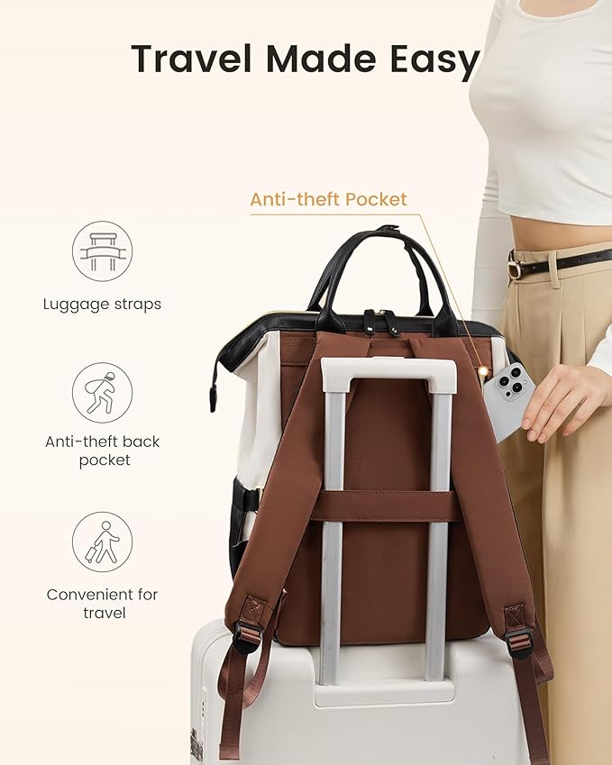 LOVEVOOK Laptop Backpack for Women with Giant Tumbler Holder,18 inch Professional Nurse Teacher Backpack Computer Laptop Bag,Cute Waterproof Travel Backpack Purse Work College Bag, Beige-Black-Brown