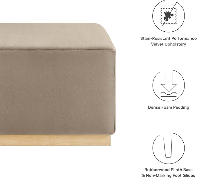 Modway Tilden 28 Inch Square Performance Velvet Upholstered Ottoman in Taupe Natural - Large Ottoman Foot Rest with Rubberwood Plinth Base, Living Room Ottoman Coffee Table - Velvet Ottoman Table