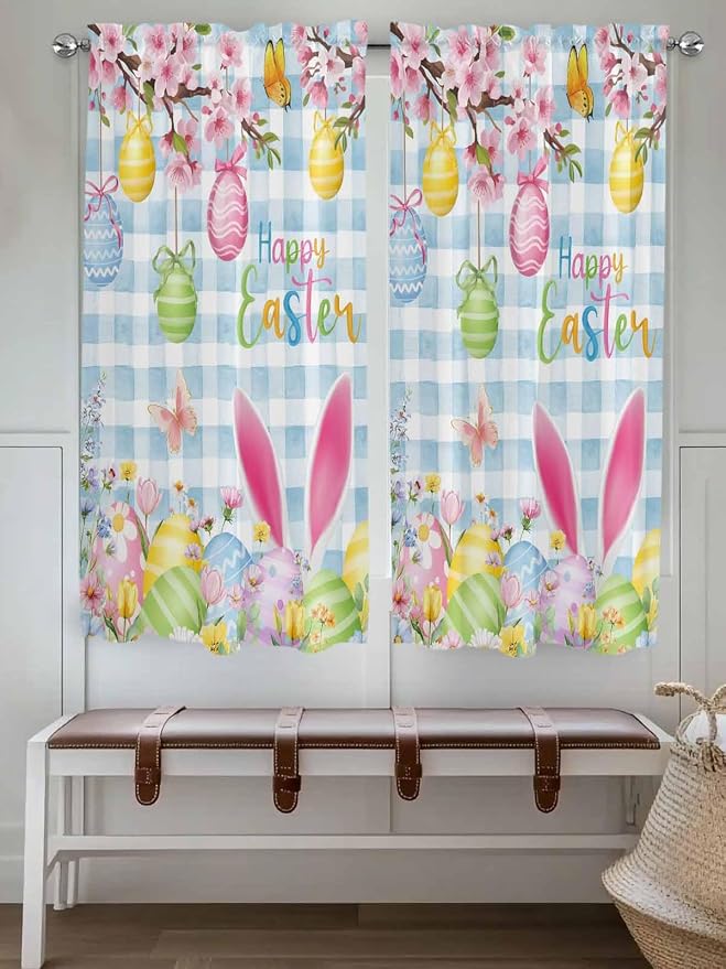 Happy Easter Bedroom Curtains 63 Inches length, Spring Watercolor Bunny Eggs