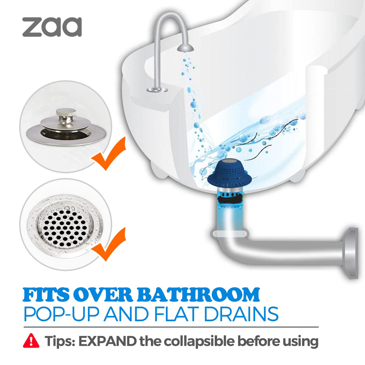 Bathtub Drain Hair Catcher, Silicone Collapsible 1 Pack Drain Protector for Pop-Up and Regular Drains of Shower, Bathtub, Tub, Bathroom, Sink, Dark-Blue
