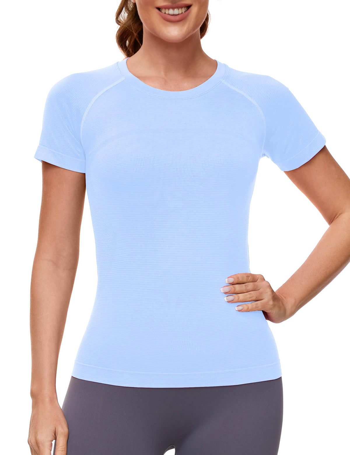 MathCat Seamless Workout Tops for Women, Compression Shirt Women Short Sleeve Shirts Athletic Running Yoga Breathable SkyBlue