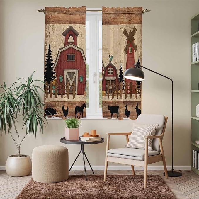 Brown Farmhouse Kitchen Curtains, Vintage Country Animals Wooden Grain Light