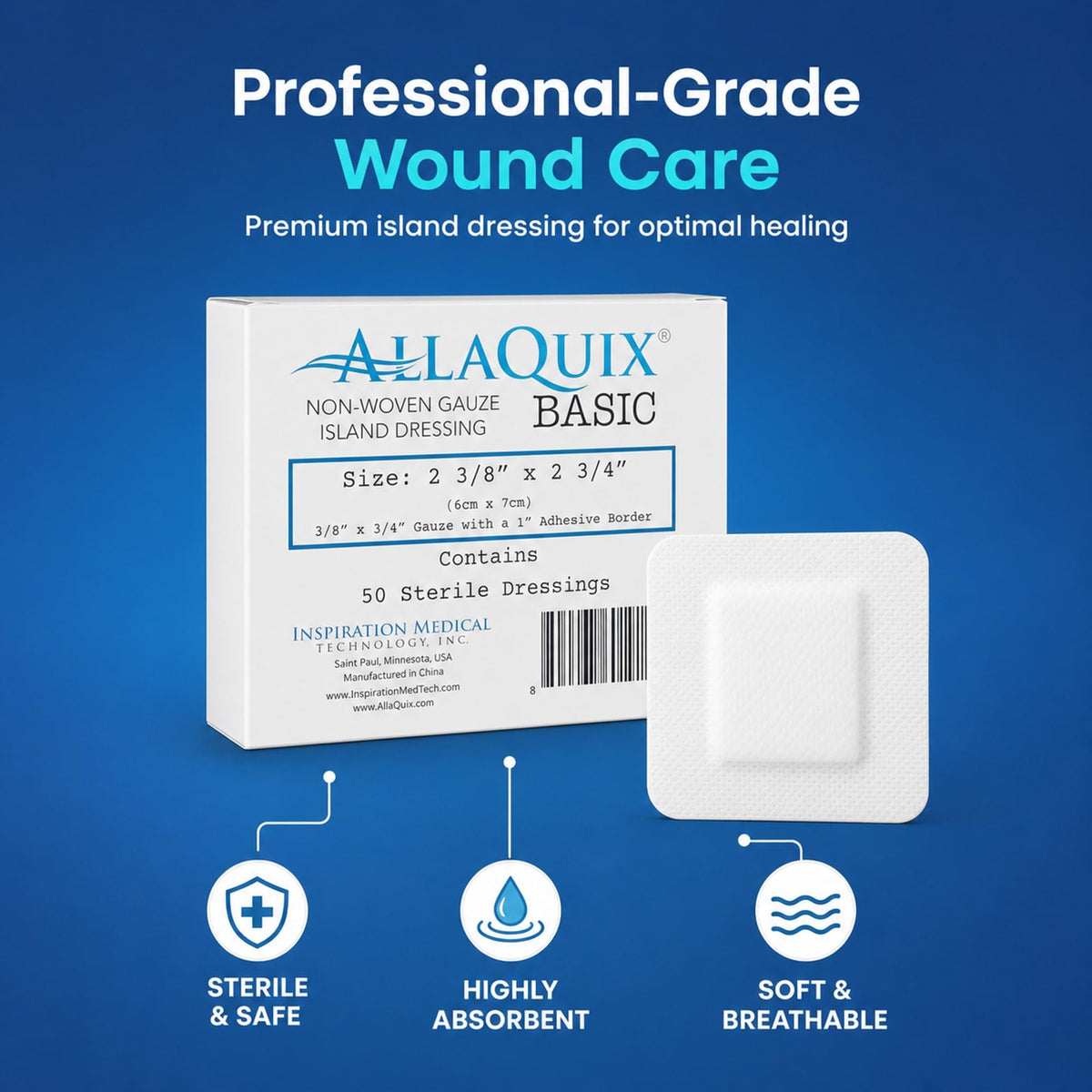 AllaQuix Basic Sterile Gauze Island Dressing 4"x8" Adhesive Border Pads (25 Count) – Non-Stick Wound Dressing for Surgical Aftercare, Incisions, Large Cuts, First Aid, and Light Draining Wounds