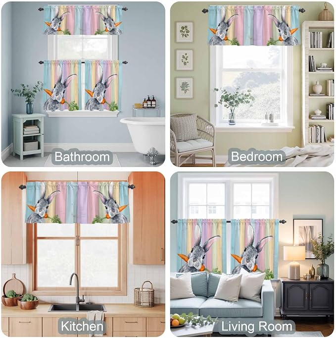 Easter Kitchen Curtain Set, Spring Grey Rabbit Carrots Colorful Wooden Plank