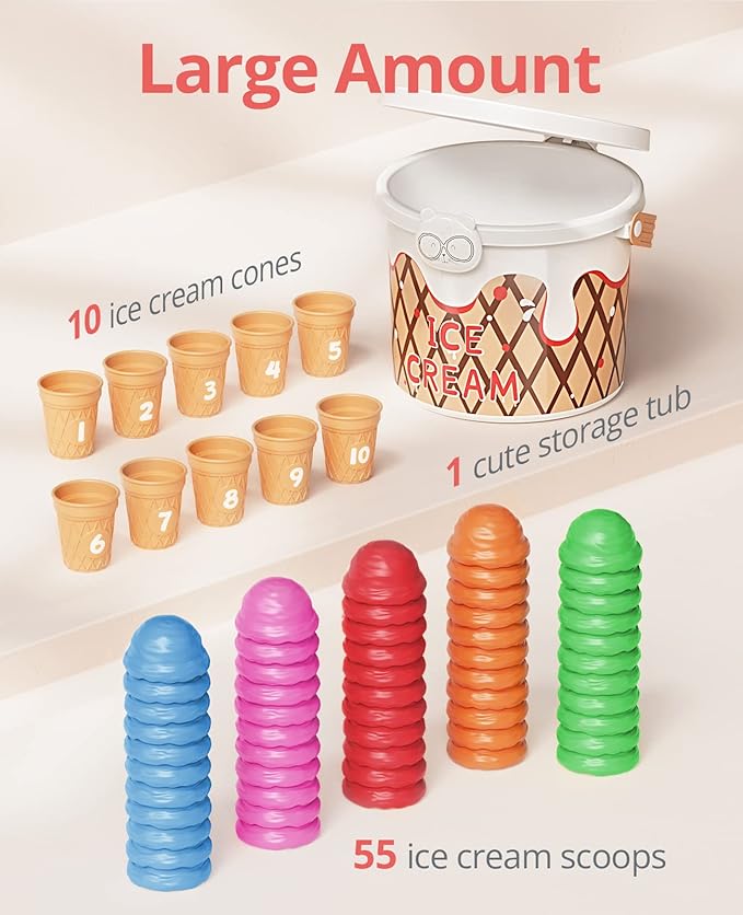 JoyCat Ice Cream Preschool Learning Activities Counting and Color Sorting Set Stacking Toys for Kids 3-5, Educational Fine Motor Skills Toys, 65PCS Math Manipulatives, Easter Basket Stuffers
