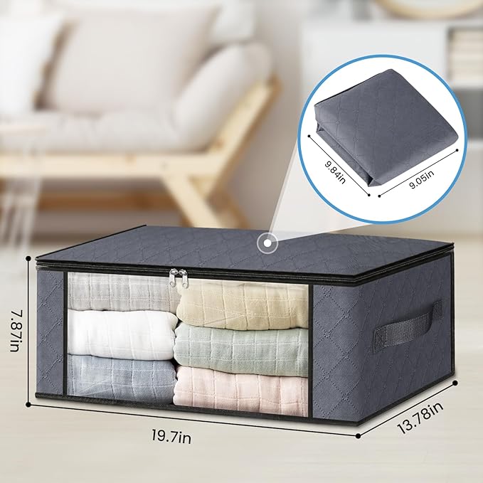 HomeHacks Storage 3-Pack Clothes Organizer Storage Bags Foldable Storage Box with Large Clear Window Sturdy Handles for Closet, Dorm, Pillows, Bedding, Clothes, Blankets, 35L, Gray