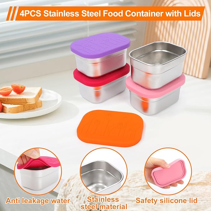 YJSLICT 4 Pack Stainless Steel Kids Snack Containers with Lids, 8 oz Each
