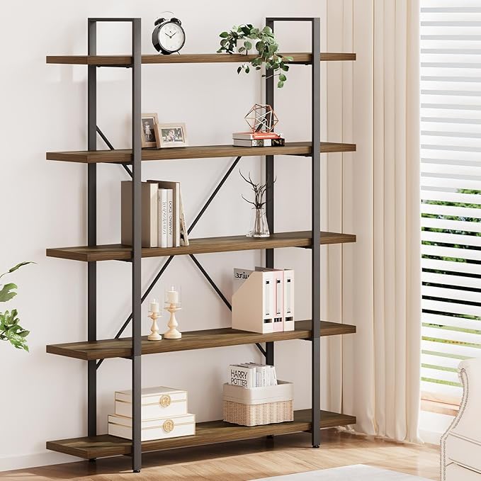 HSH Industrial Wood and Metal 5 Tier Bookshelf, Large Tall Open Rustic Wide Etagere Bookcase, Vintage Farmhouse Modern Wooden Big Book Shelf for Home Living Room Bedroom Office Storage, Rustic Oak