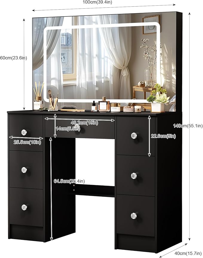 JBLCC Black Vanity Desk with Mirror and Lights, 39.4''W Makeup Vanity with 3-Color Lighted Mirror, 7 Drawers & Open Shelves, Big Vanity Table for Bedroom, Girls & Women