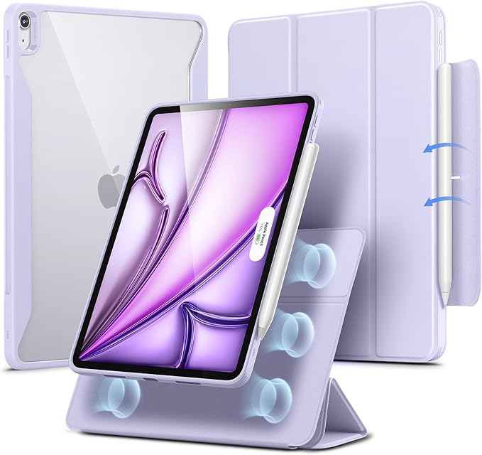 ESR for iPad Air 13 Inch Case M4/M3/M2 (2026/2025/2024) with Pencil Holder, Removable Magnetic Cover, Vertical Stand, Fully Supports Pencil Pro and Pencil(USB-C), Rebound 360 Series, Light Purple