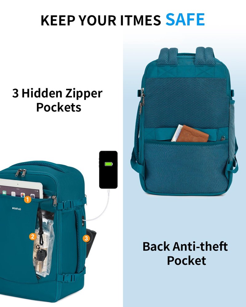 ECOHUB Travel Backpack for Men Women, Carry on Backpack with USB Charging Hole, Spirit Airlines Personal Item Bag Flight Approved, 15.6 Inch Laptop Backpack with Anti Theft Pockets, 30L, Blue Green