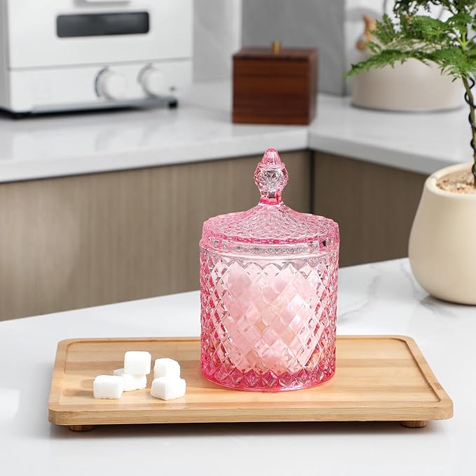 rejomiik Qtip Holder Glass Apothecary Jars with Lid for Bathroom Canisters Dispenser Decor, Storage Organizer for Cotton Swabs, Balls, Pads, Floss Picks, Candy, Pink
