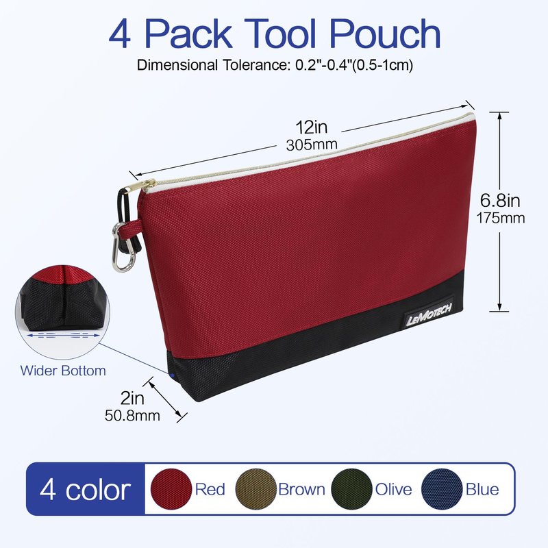 LeMotech Zipper Tool Bag, Stand-Up Tool Pouch with Carabiners,Utility Bag,Water Resistant Storage Bag,12x6.8-Inch Red/Brown/Blue/Olive 4 Pack