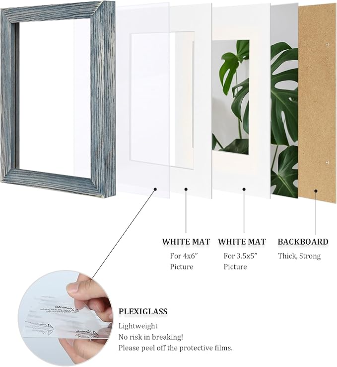 Egofine 5x7 Picture Frame Made of Solid Wood,Covered by Plexiglass Display Pictures 3.5x5/4x6 with Mat or 5x7 Without Mat for Table Top Display and Wall Mounting Photo Frame, Rustic Blue