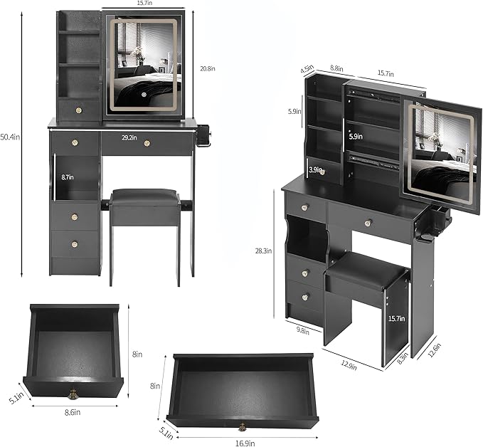 29.2" Small Vanity Desk with Mirror and Lights, Makeup Table with 2 AC+2 USB Power Station, Hair Dryer Bracket, Vanity Set with 5 Drawers and Stool for Small Space Bedroom, Black