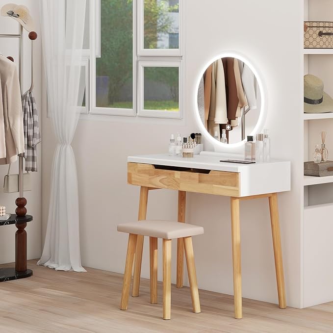 YOURLITE Makeup Vanity Desk with Lights,Small Vanity with Adjustable Brightness Mirror for Small Spaces, Dressing Table with Drawers (31.5", Circular Mirror Wood)
