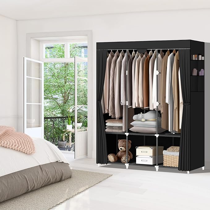 LOKEME Portable Closet, Portable Closets for Hanging Clothes with 3 Hanging Rods and 6 Storage Shelves and 4 Side Pockets, Black Wardrobe Closet Easy to Assemble and Strong and Stable