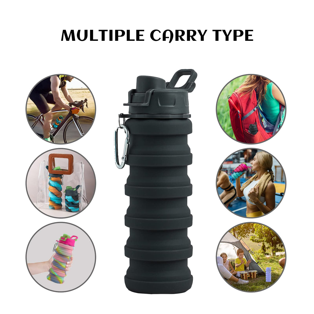 Collapsible Silicone Foldable Water Cup - 16oz BPA Free Reusable Water Bottle - Hiking Travel Sports Kids - Gray