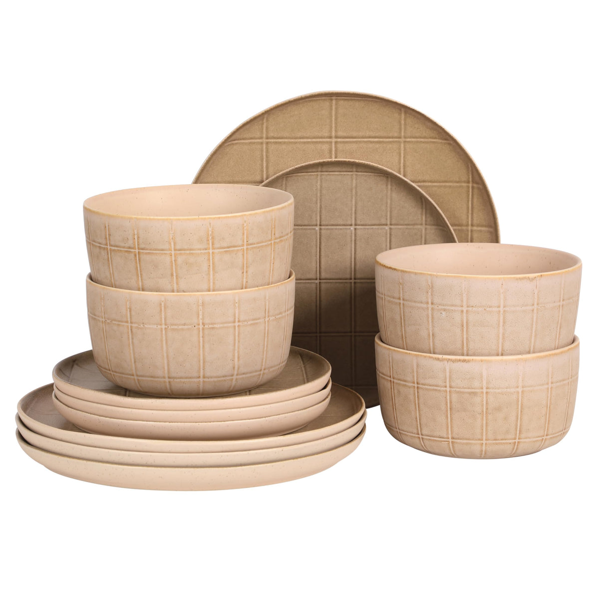 Gibson Elite 12 Piece (Service for 4) Townscape Plates and Bowls Reactive Glaze Embossed Round Dishes Terracotta Ceramic Dinnerware Set - Dark Green