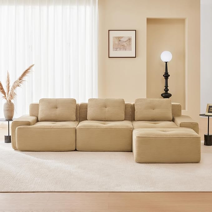 115" Modern Compressed Boneless Couch with Ottoman, 3 Seater Large L Shaped Sectional Couches for Living Room, Camel Corduroy Cloud Modular Sectional Sofa, Memory Foam, Extra Deep, No Assembly