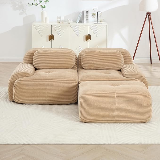 80" Modern Compressed Boneless Love Seat Couches with 1 Ottoman, 2 Seater Large Sectional Couches for Living Room, Camel Corduroy Cloud Modular Sectional Sofa, Memory Foam, Deep Loveseat, No Assembly
