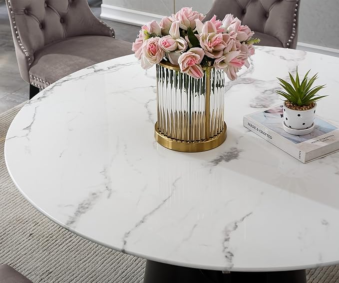 5-Piece Faux Marble Round Dining Table Set for 4, Modern Luxury Kitchen Table Set for 4 with Beige Tufted Chairs,Circle Dining Tables with White Marble Grain Top and Black Pedestal Base