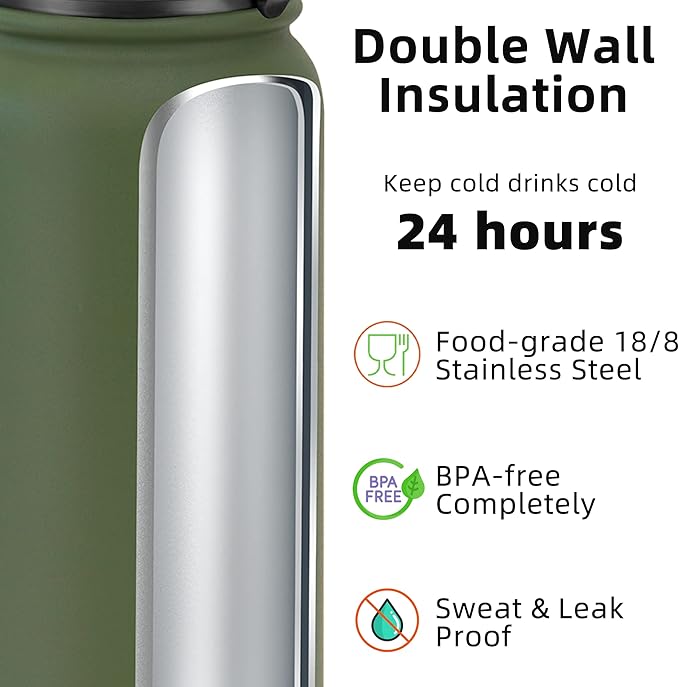 Fanhaw 20 oz Insulated Stainless Steel Water Bottle with Anti-Dust Chug Lid, Leakproof Vacuum Metal Bottle for Kids, Women & Men (Olive Green)