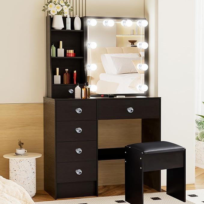 Black Vanity Desk with Sliding Mirror and Light, Small Makeup Vanity Table with 5 Drawers and Cushioned Stool for Bedroom, Makeup Vanity Set for Bedroom