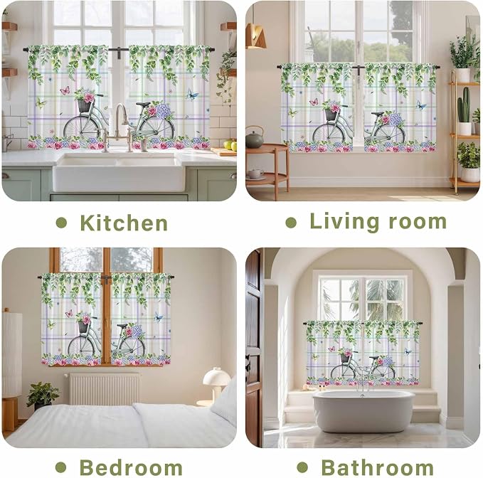 Spring Kitchen Curtains, Bicycles Botanical Leaves Rose Colorful Stripes Light