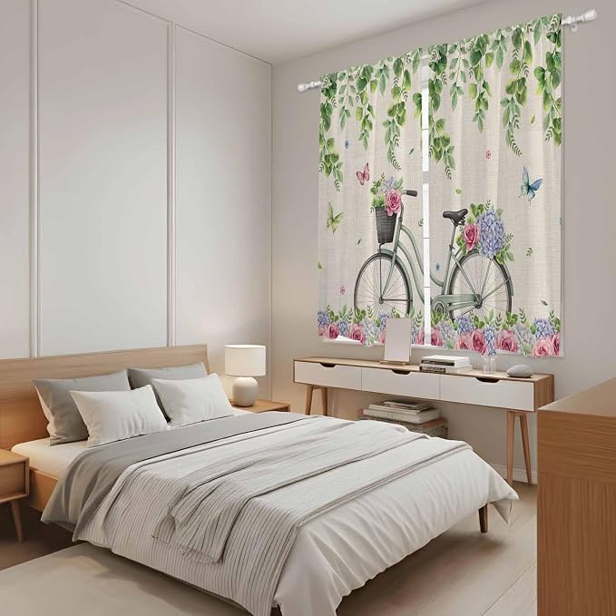 Farmhouse Spring Kitchen Curtains, Retro Bicycles Flowers Vines Butterfly Light