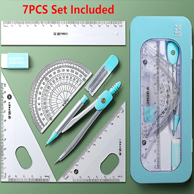 Math Geometry Kit Sets 7 Piece Student Supplieswith Shatterproof Storage Box, Compass for Geometry, Protractor Set, Geometry Kit, Drawing Tools, Drafting Set （Blue）