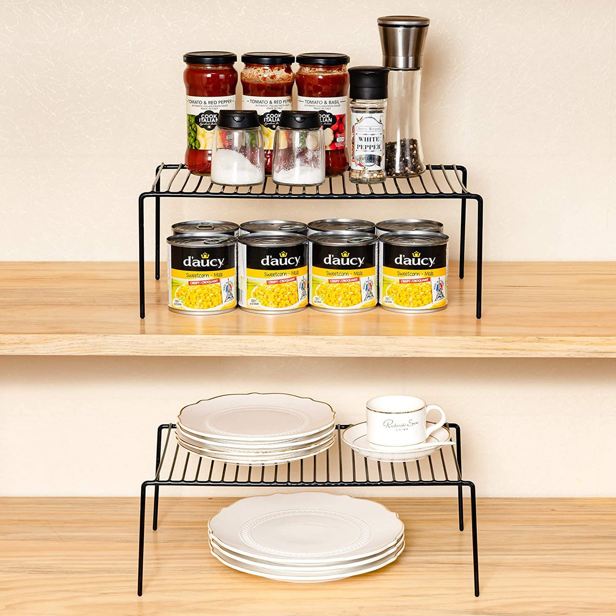 GEDLIRE Kitchen Cabinet Shelf Organizer Set of 2, Medium (13 x 9.4 inch) Metal Wire Pantry Storage Shelves, Dish Plate Racks for Cabinets, Freezer, Counter, Cupboard Organizers and Storage, Black