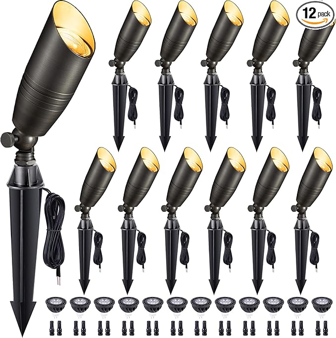 Die-Cast Brass Spot Light Outdoor - 12V LED Uplighting Waterproof, Low Voltage Landscape Lights Direct Wire, Bronze for Fence Fountain with Bright White MR16 Replaceable Bulbs (12 Pack)