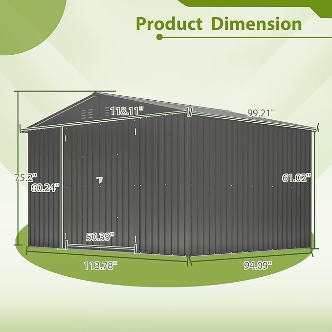 10 x 8 FT Outdoor Storage Shed with Floor, Metal Garden Tool Shed with Vents, Slooping Roof and Lockable Doors, All-Weather Bike Shed Easy to Assemble for Backyard, Patio, Lawn, Black