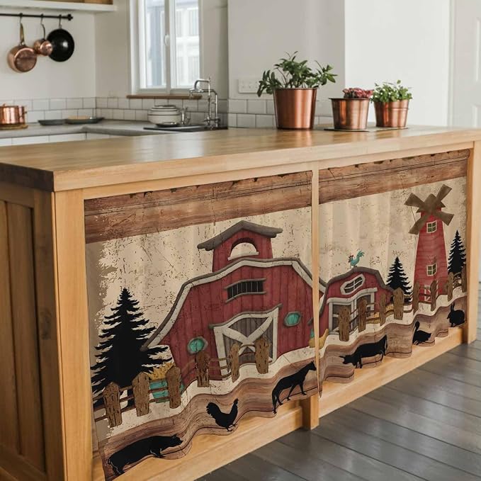 Brown Farmhouse Tier Curtains, Vintage Country Animals Wooden Grain Light