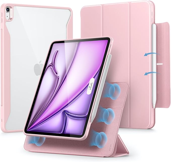 ESR for iPad Air 13 Inch Case M4/M3/M2 (2026/2025/2024) with Pencil Holder, Removable Magnetic Cover, Vertical Stand, Fully Supports Pencil Pro and Pencil(USB-C), Rebound 360 Series, Pink