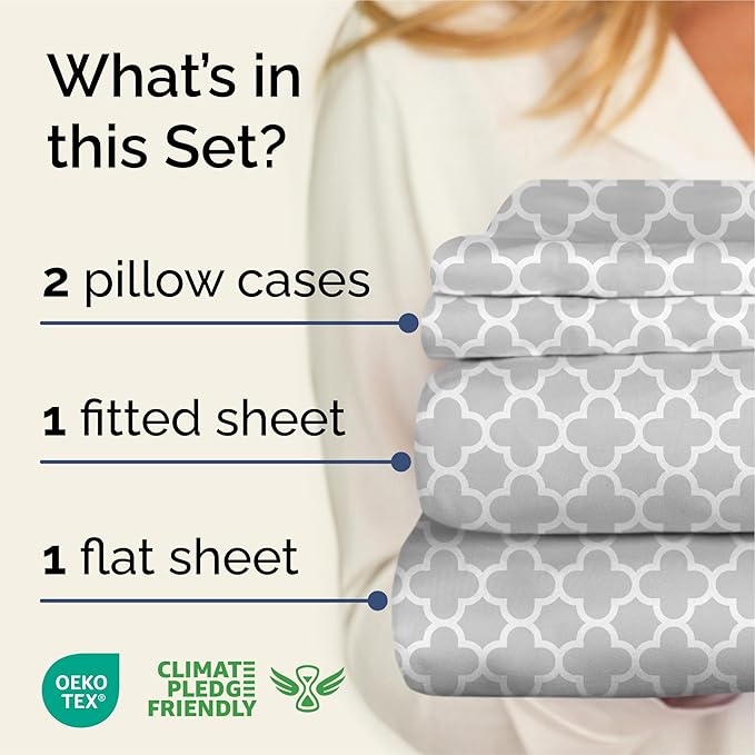 Grey Geometric Bed Sheets - 1 Flat & 1 Fitted Sheet & 2 Pillowcases w/ Deep Pockets – Wrinkle & Fade Free- Ultra-Soft, Breathable and Cooling - Luxury Moroccan Bed Set – Queen Size - Gray Quatrefoil