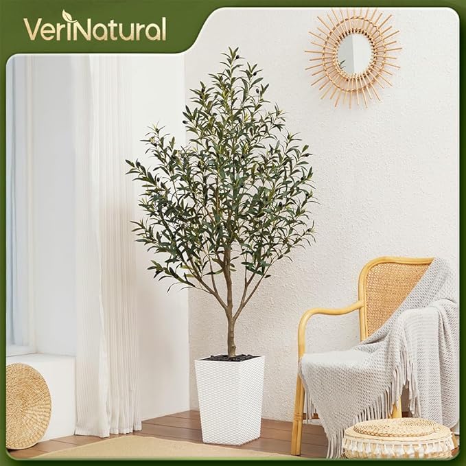 Artificial Olive Tree 6FT Indoor&Outdoor Faux Plant - UV Resistant Large Fake Tree with White Planter & Pebbles, Realistic Tall Potted Artificial Trees for Modern Home Decor Office Living Room VN132